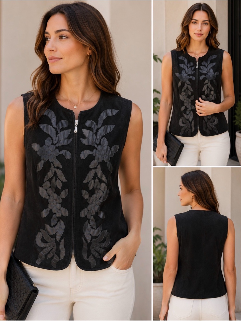 Peter Nygård Genuine Suede Leather Floral Appliqué Vest XL